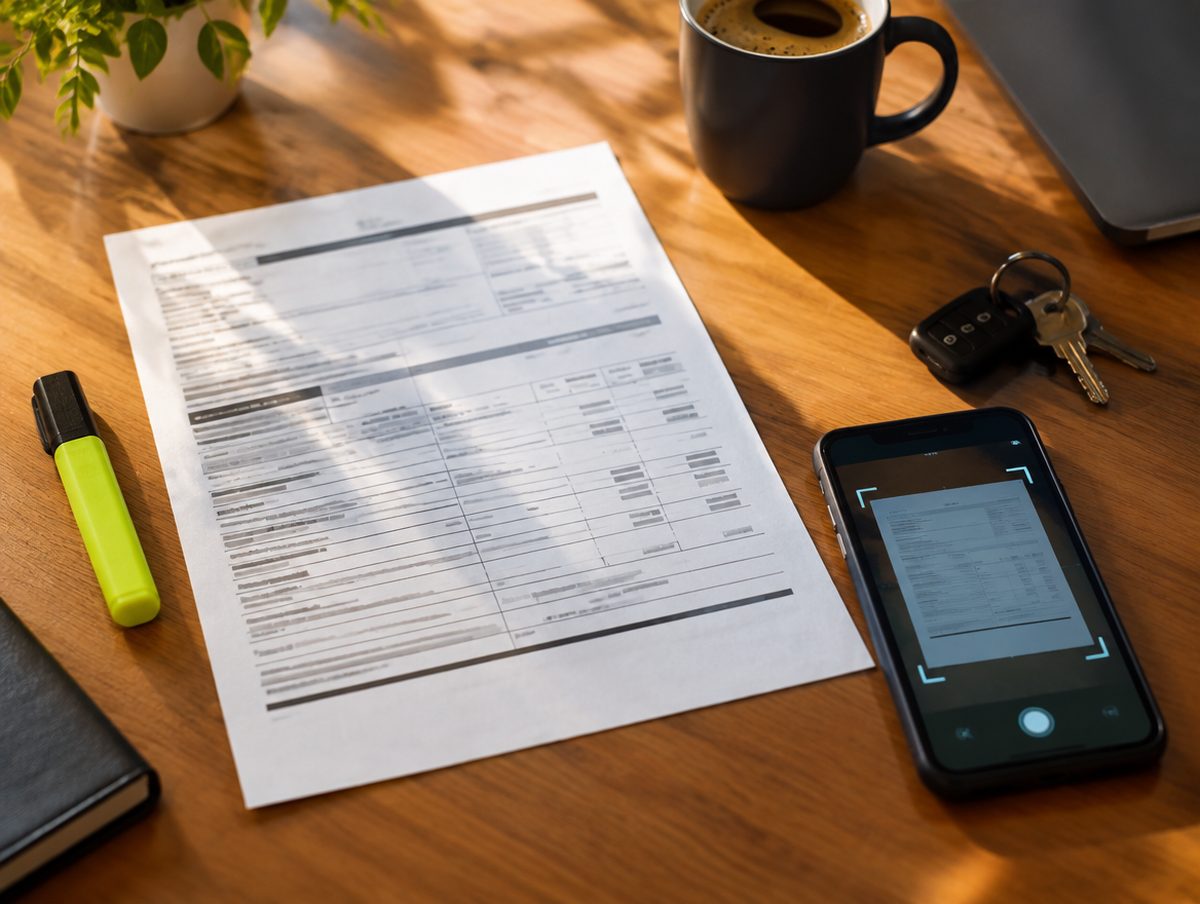 A printed rate confirmation on a desk with a phone scanning it