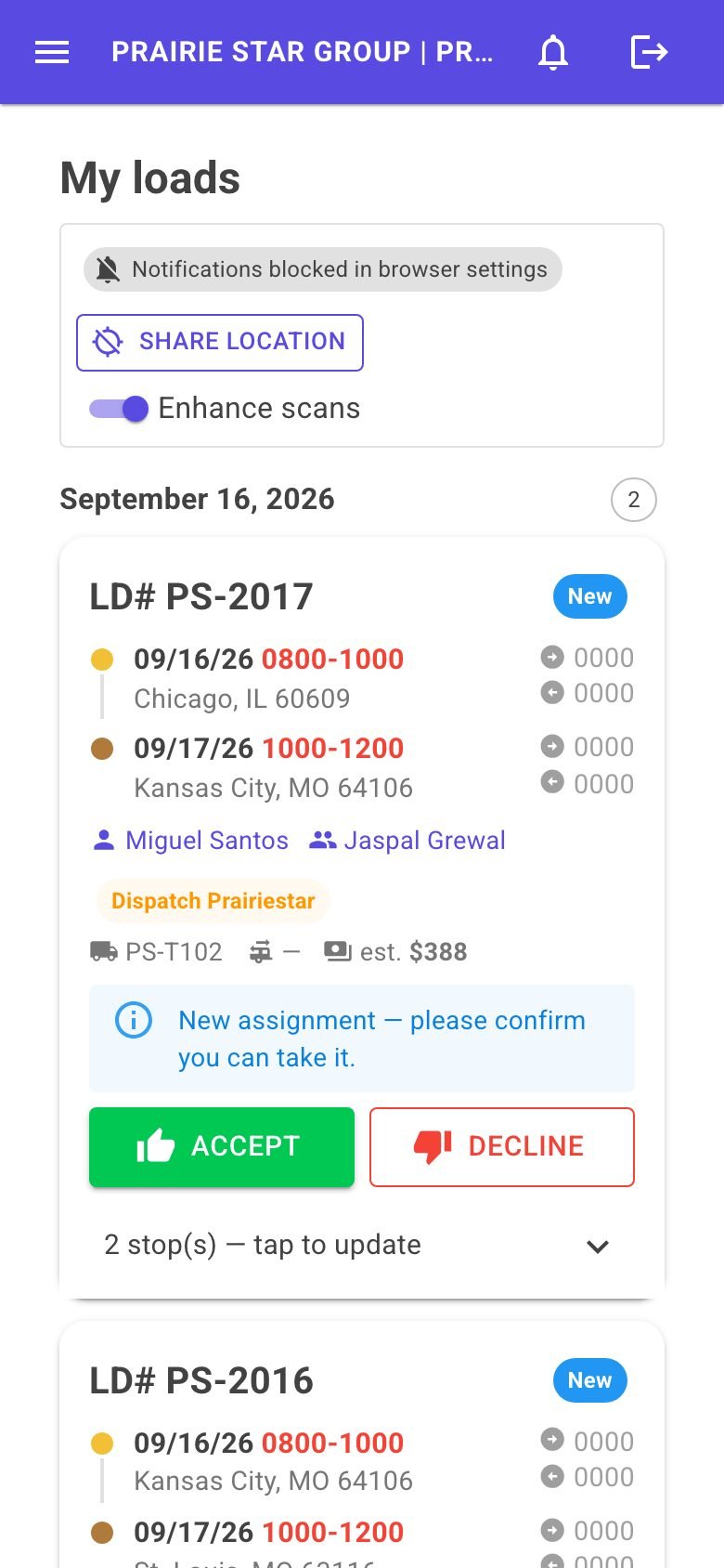 The NSLogi driver app: My loads with accept and decline buttons, estimated pay and stops