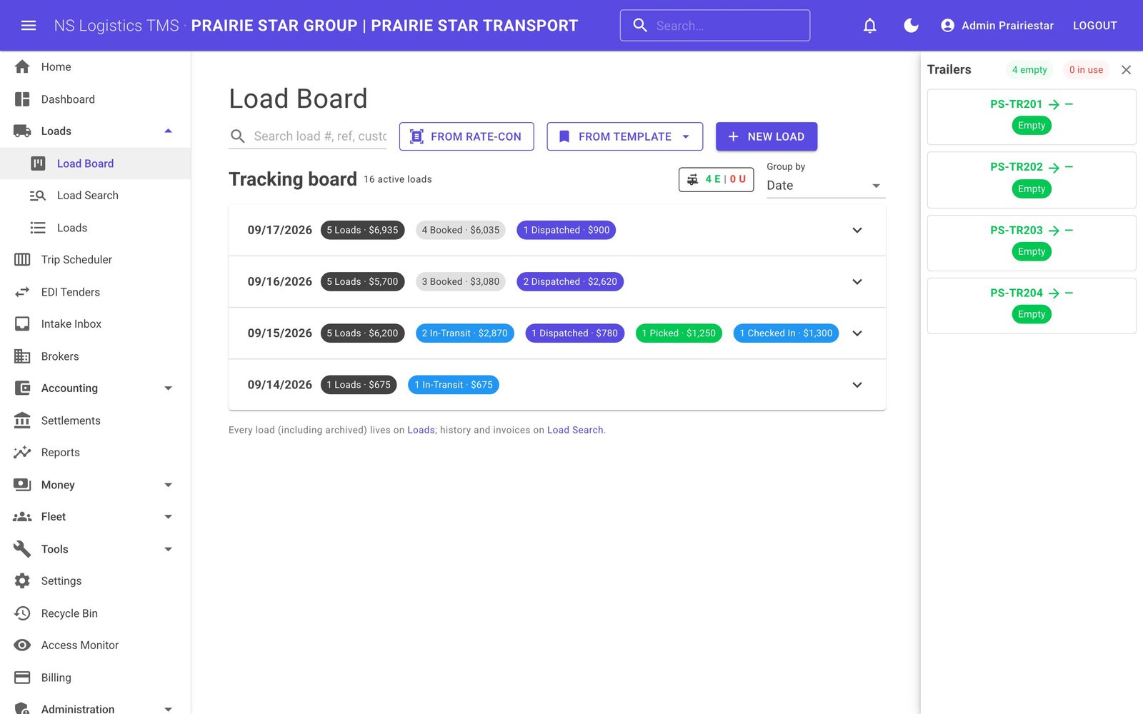 The NSLogi load board: a tracking board grouped by date, load cards with stops, check-in times, charges and invoice status
